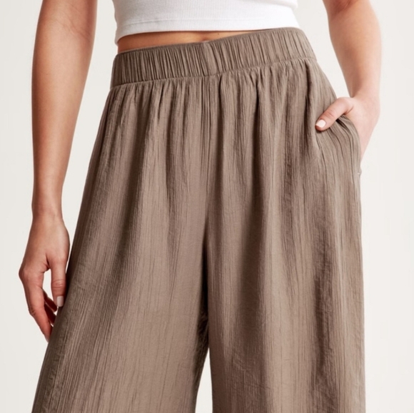 Abercrombie & Fitch Crinkle Texture Wide Leg High Rise Waist Pants Tan Brown LG - Picture 3 of 12